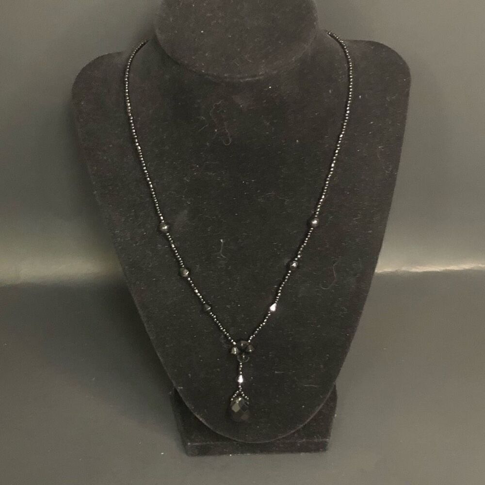 black glass bead necklace tear drop‎ center 14 inch goth dark romantic